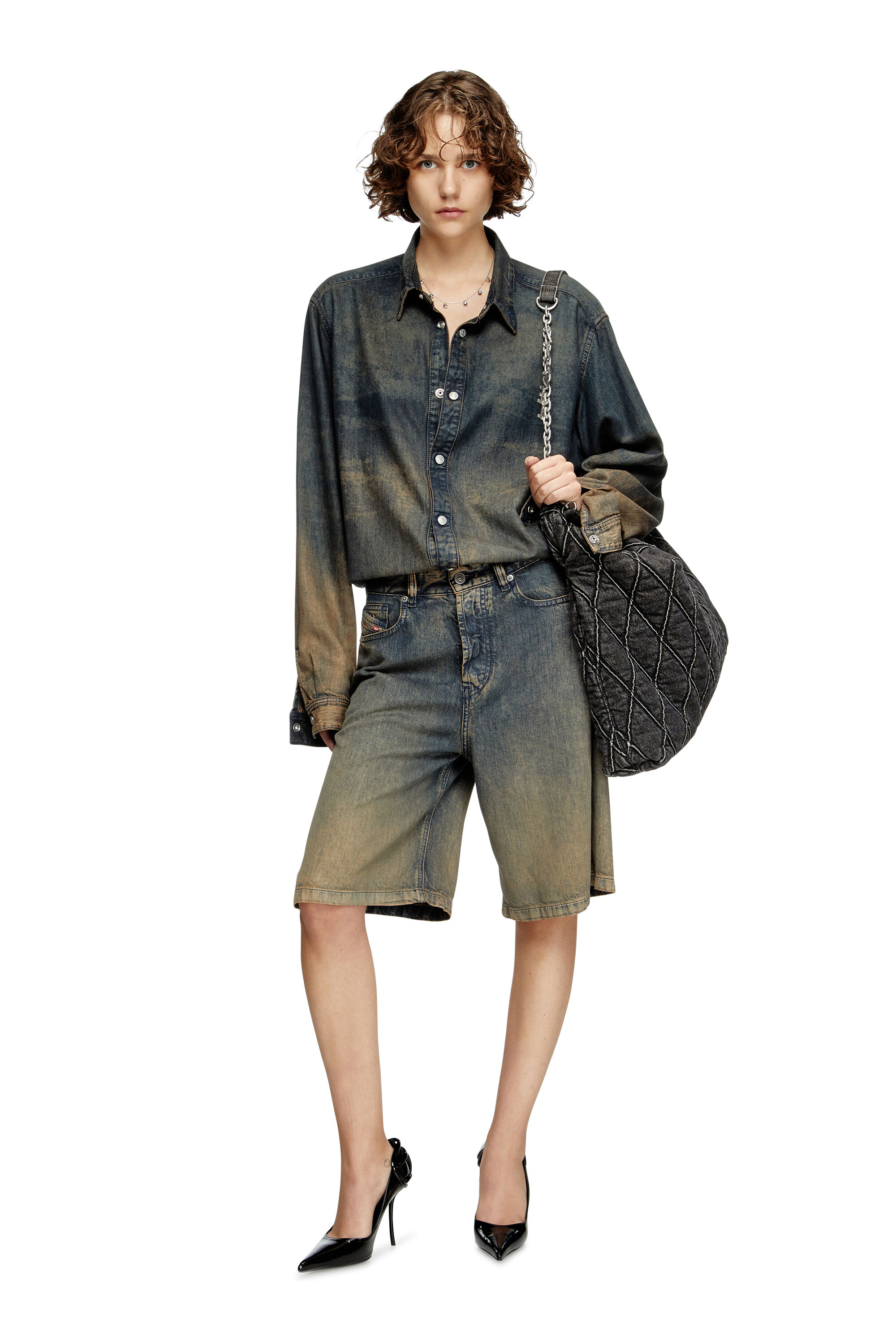 Diesel - CHARM-D HOBO, Woman's Large hobo in treated quilted denim in Black - 6