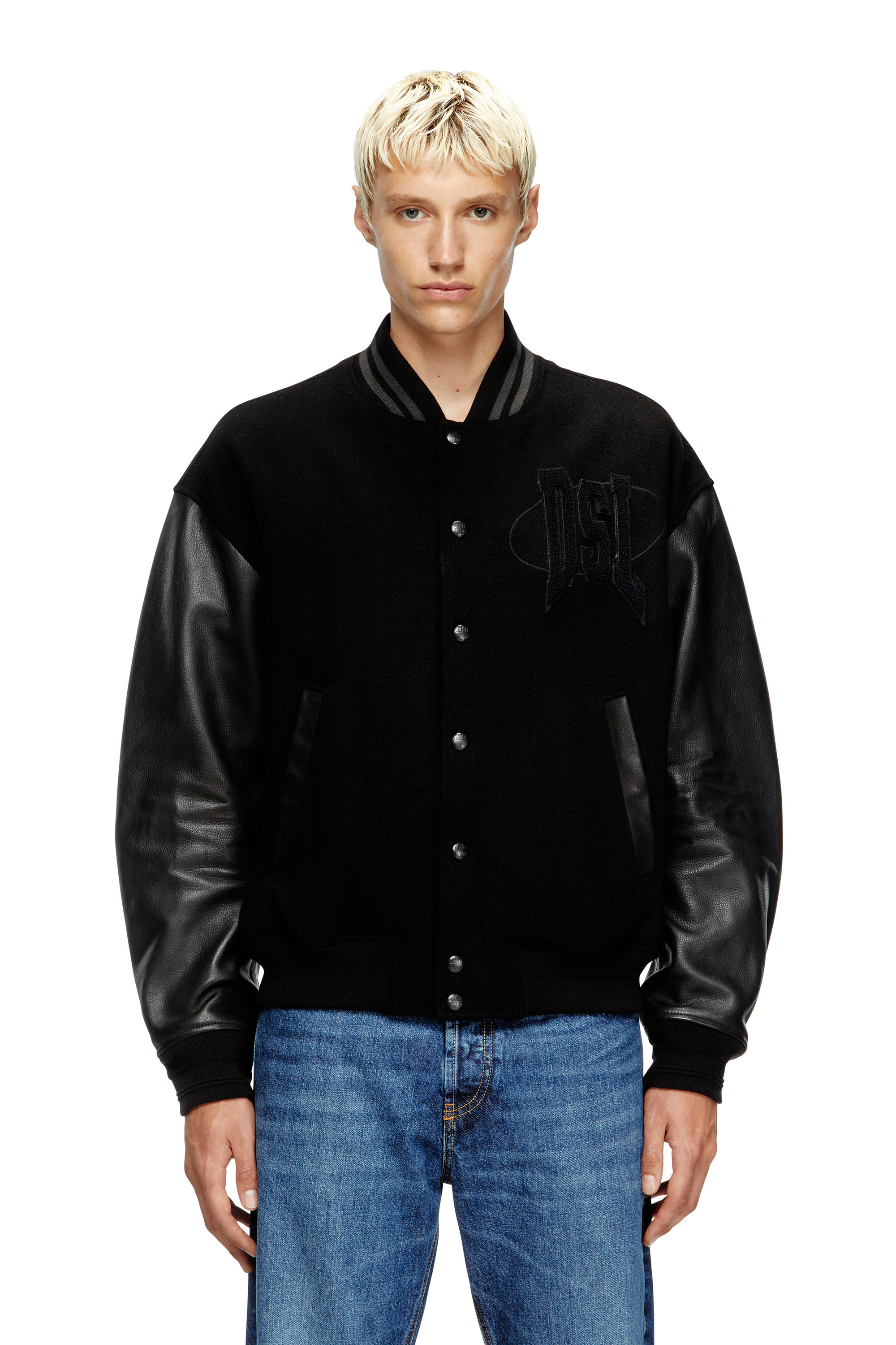 Diesel - L-NYMAN, Man's Varsity bomber jacket in cotton and leather in Black - 1